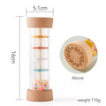 Montessori wooden rainmaker rattle with colorful beads, natural wood cap, dimensions and weight shown.
