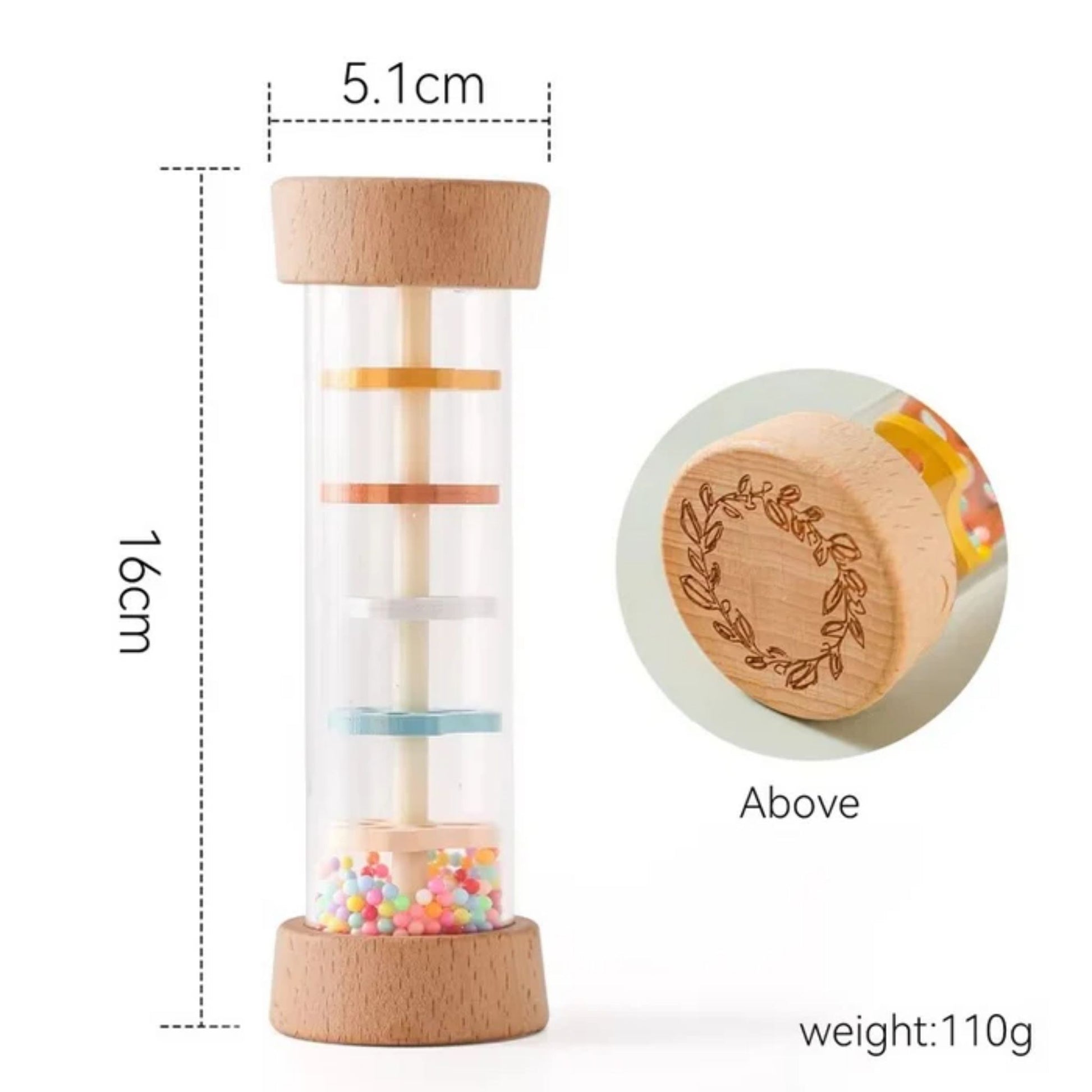 Montessori wooden rainmaker rattle with colorful beads, natural wood cap, dimensions and weight shown.