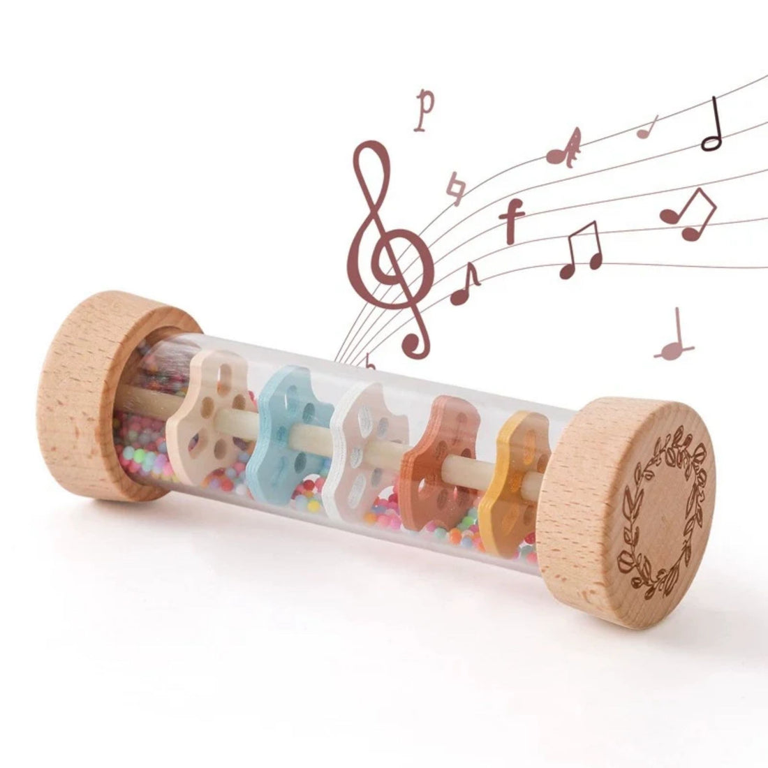 Montessori wooden rainmaker rattle with colorful beads and natural wood caps.