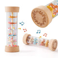 Wooden Montessori rainmaker rattle with colorful beads and leaf-engraved natural wood caps.