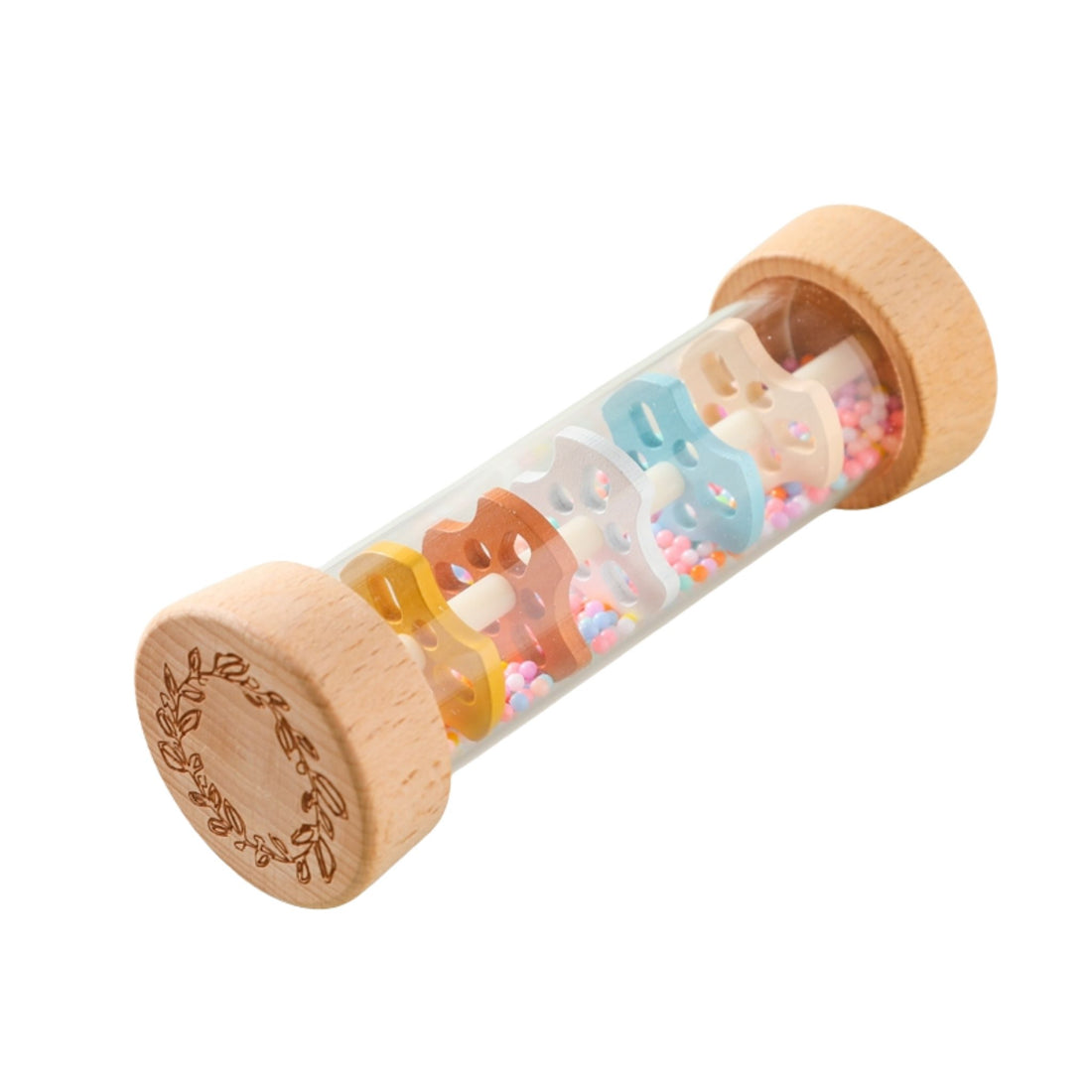 Montessori wooden rainmaker rattle with colorful beads and natural wood caps.