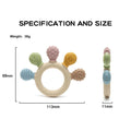 Montessori silicone teething ring with textured attachments, front and side view.