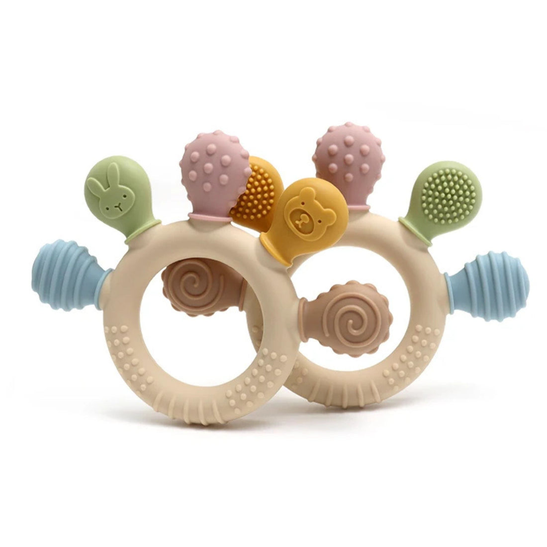 Montessori silicone teething ring with five colorful textured attachments in soft pastels.