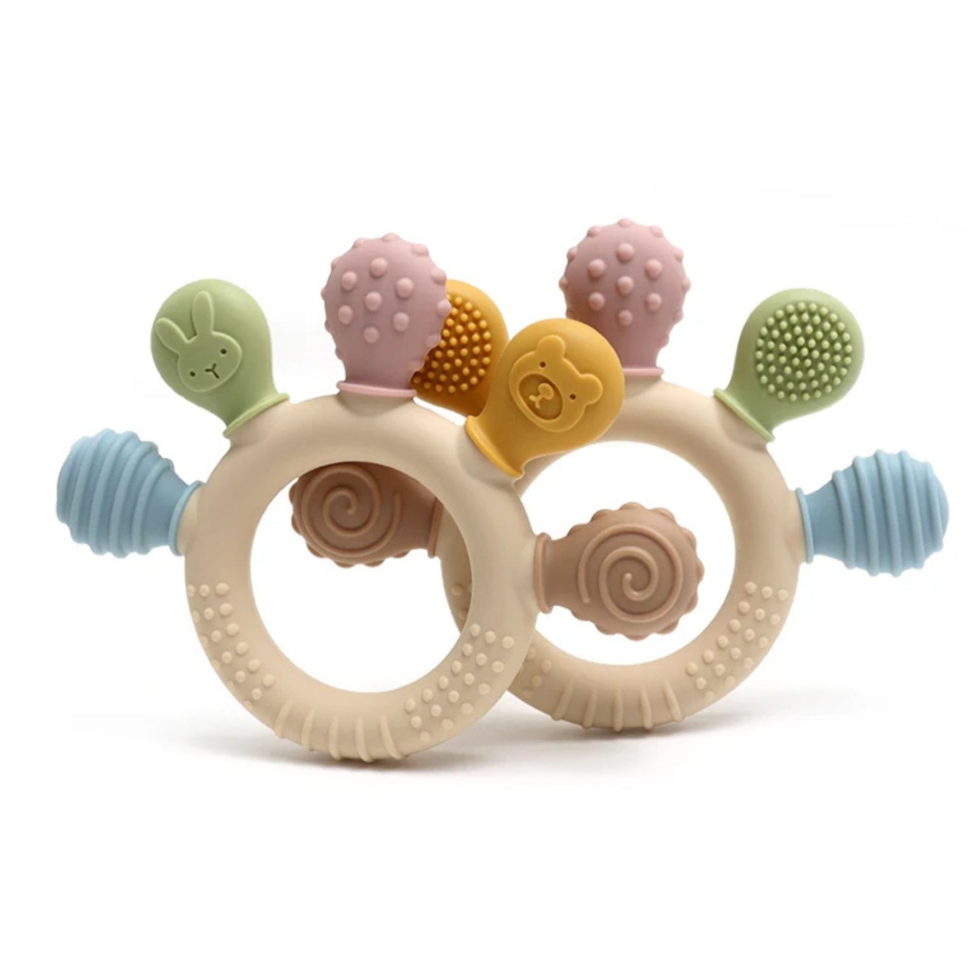 Montessori silicone teething ring with colorful textured attachments and natural beige base.