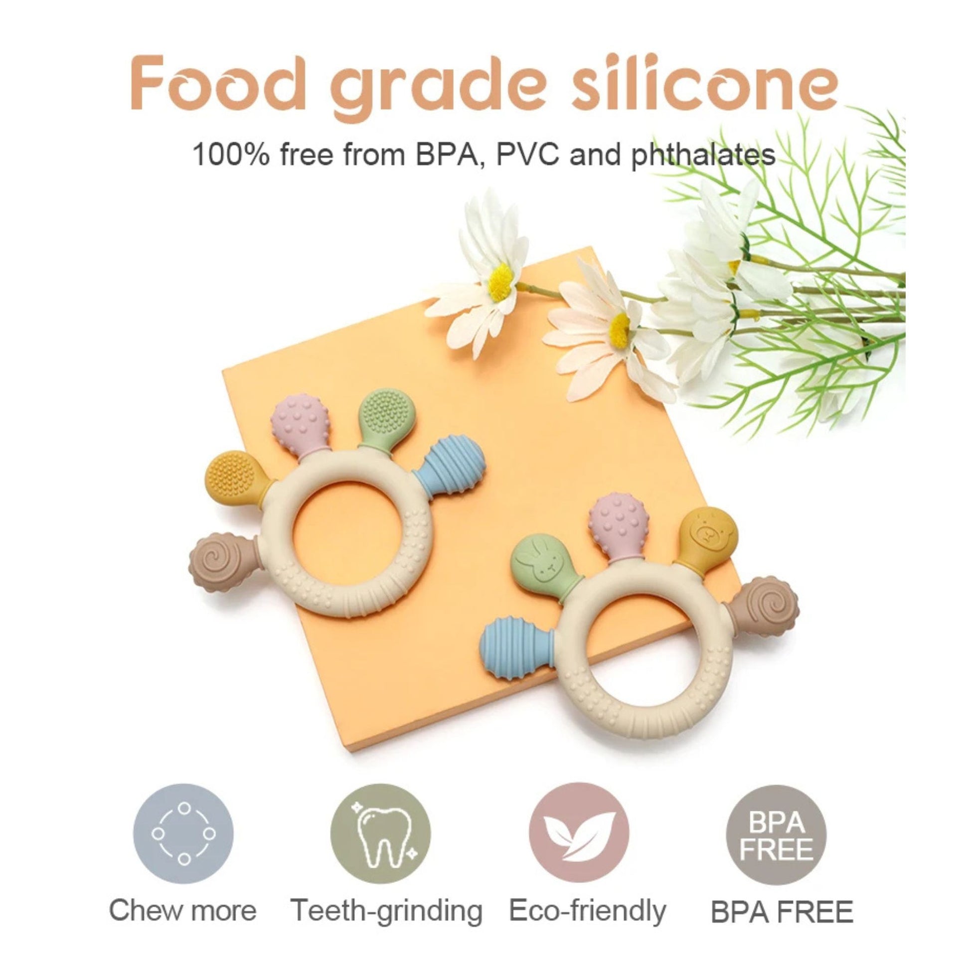 Montessori silicone teething rings in pastel colors with textured attachments on yellow background.