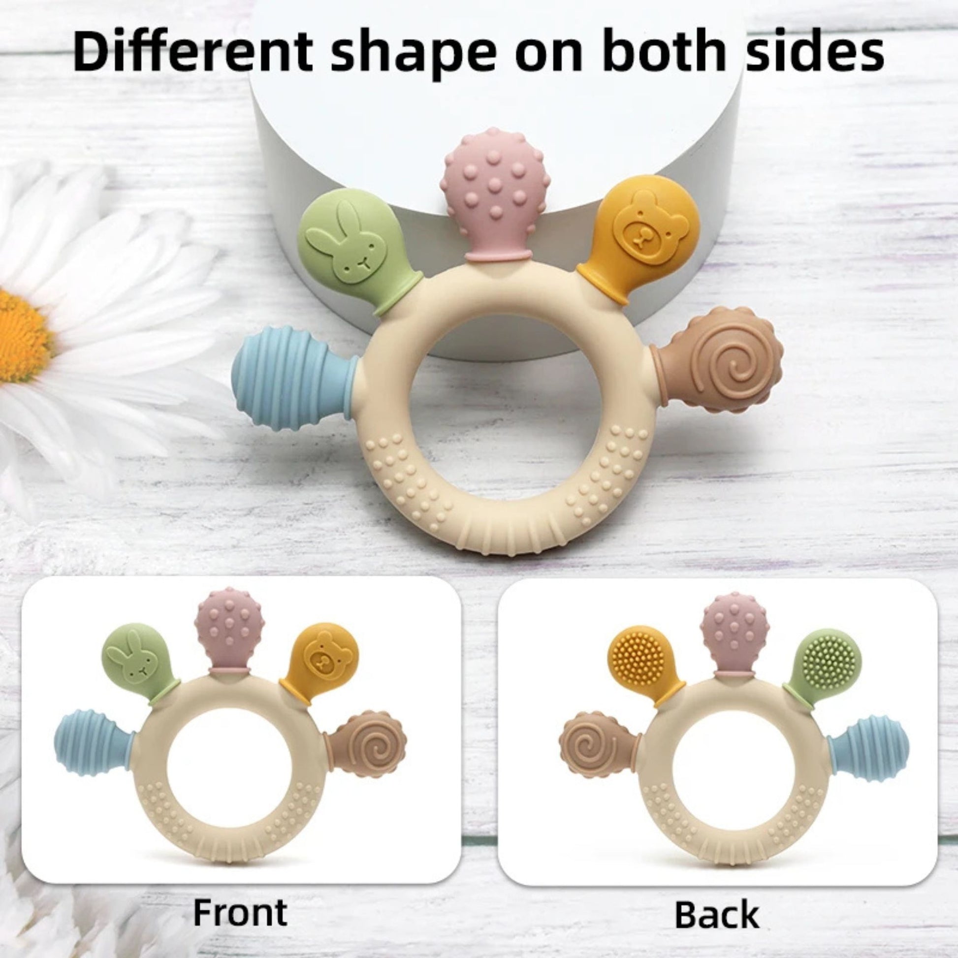 Montessori silicone teething ring with four different textured attachments, front and back view.