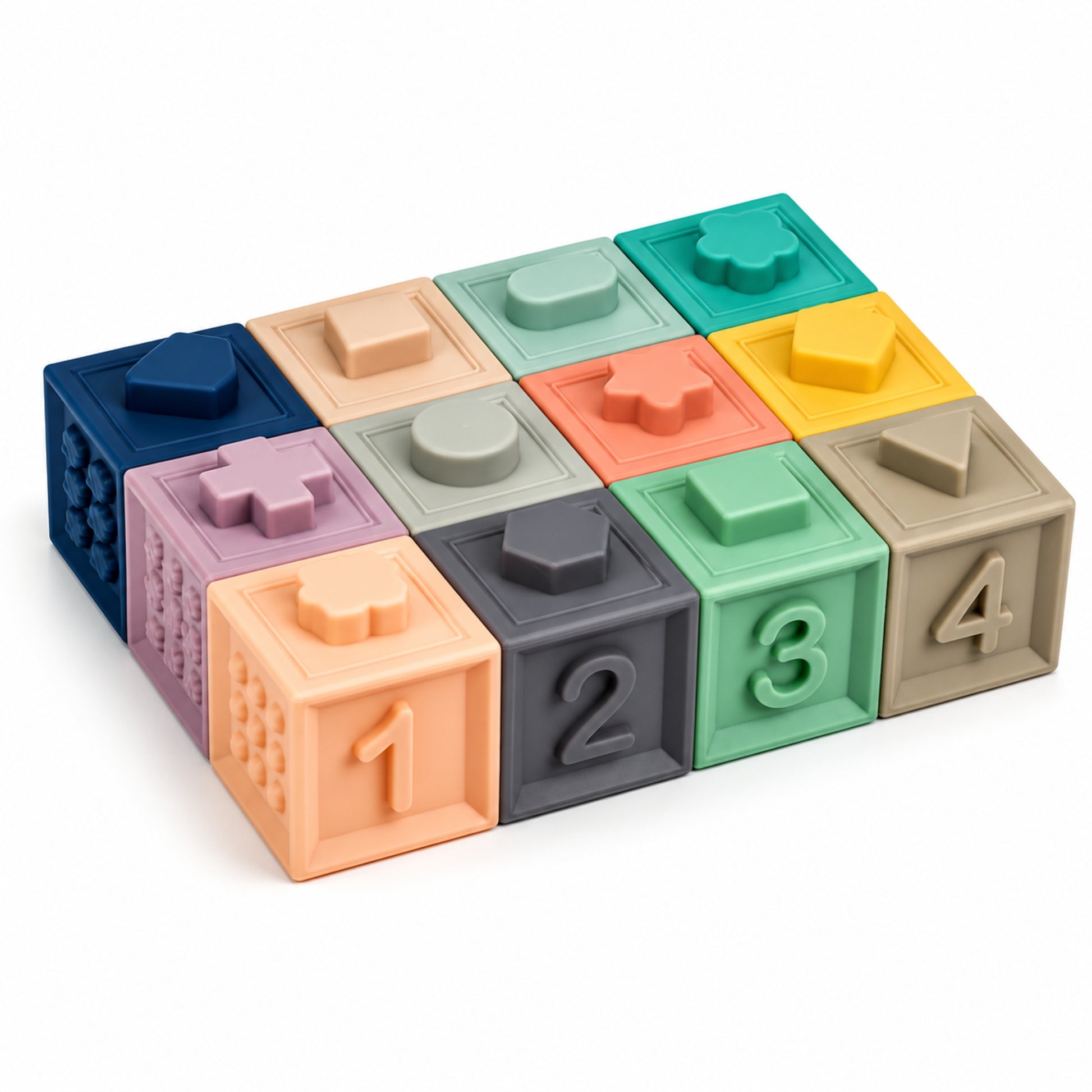 Montessori squeaky building blocks laid in a grid showing raised numbers 1 to 4 and matching shape studs.
