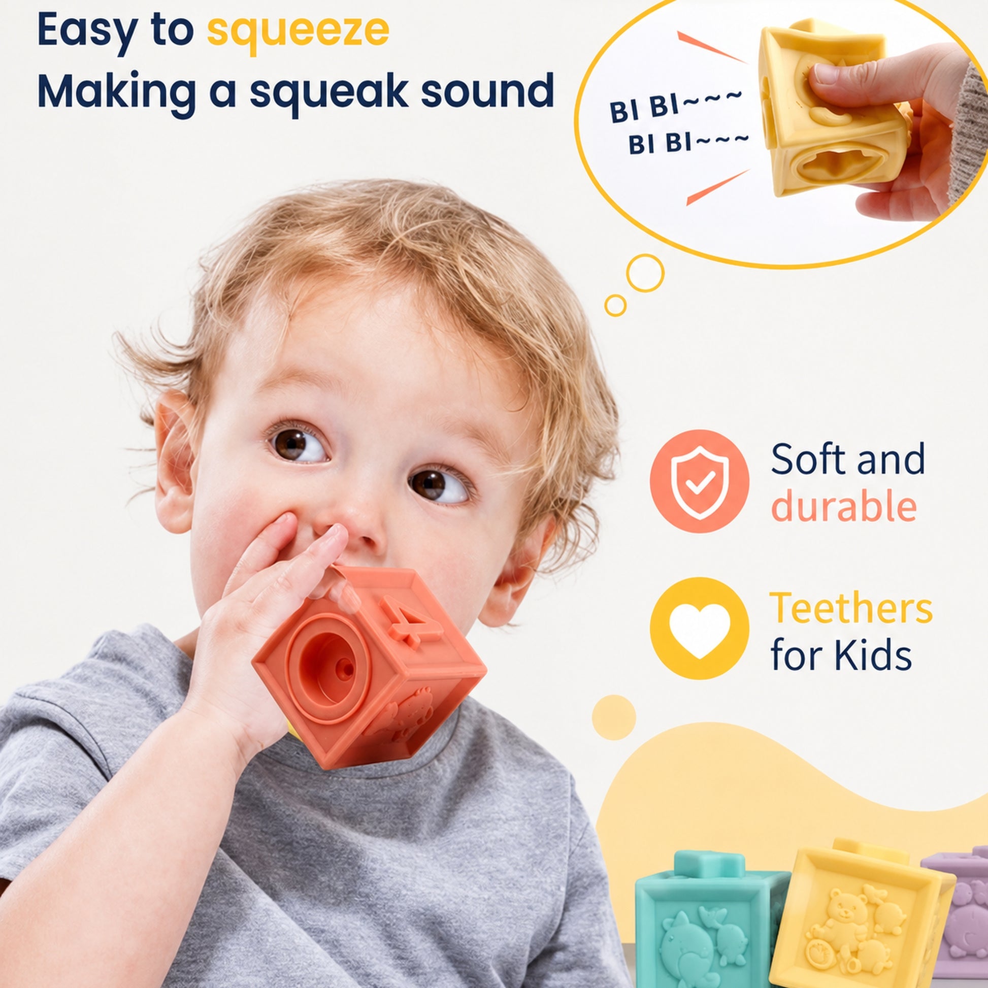 Baby chewing a coral Montessori squeaky building block, showing the squeak sound and soft teething silicone.