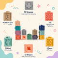 Montessori squeaky building blocks set showing numbers 0 to 9, 12 shapes, 12 animals and 9 fruits.